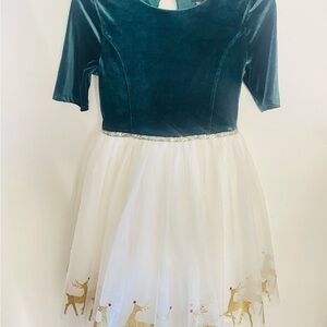 Green Velvet and White Tulle Christmas Dress with Reindeer Design Sz 14/16